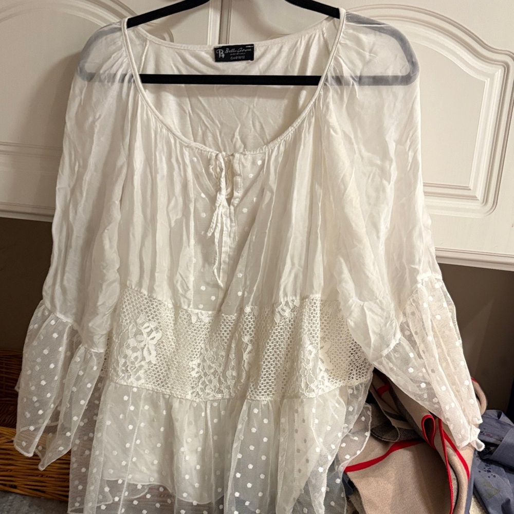 Elegant White Sheer Blouse with Lace by R&M Richards